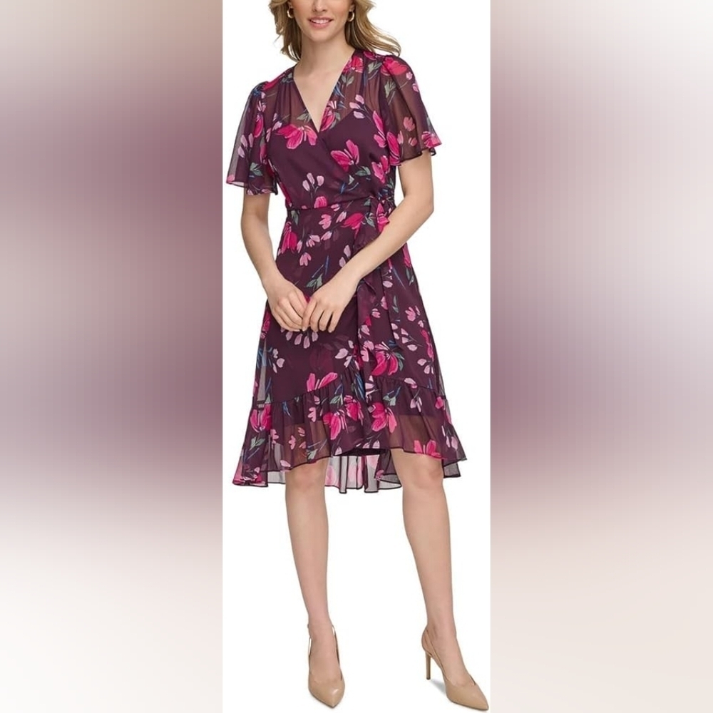 Calvin Klein Purple and Pink Floral Ruffled Wrap Midi Dress Sz 6